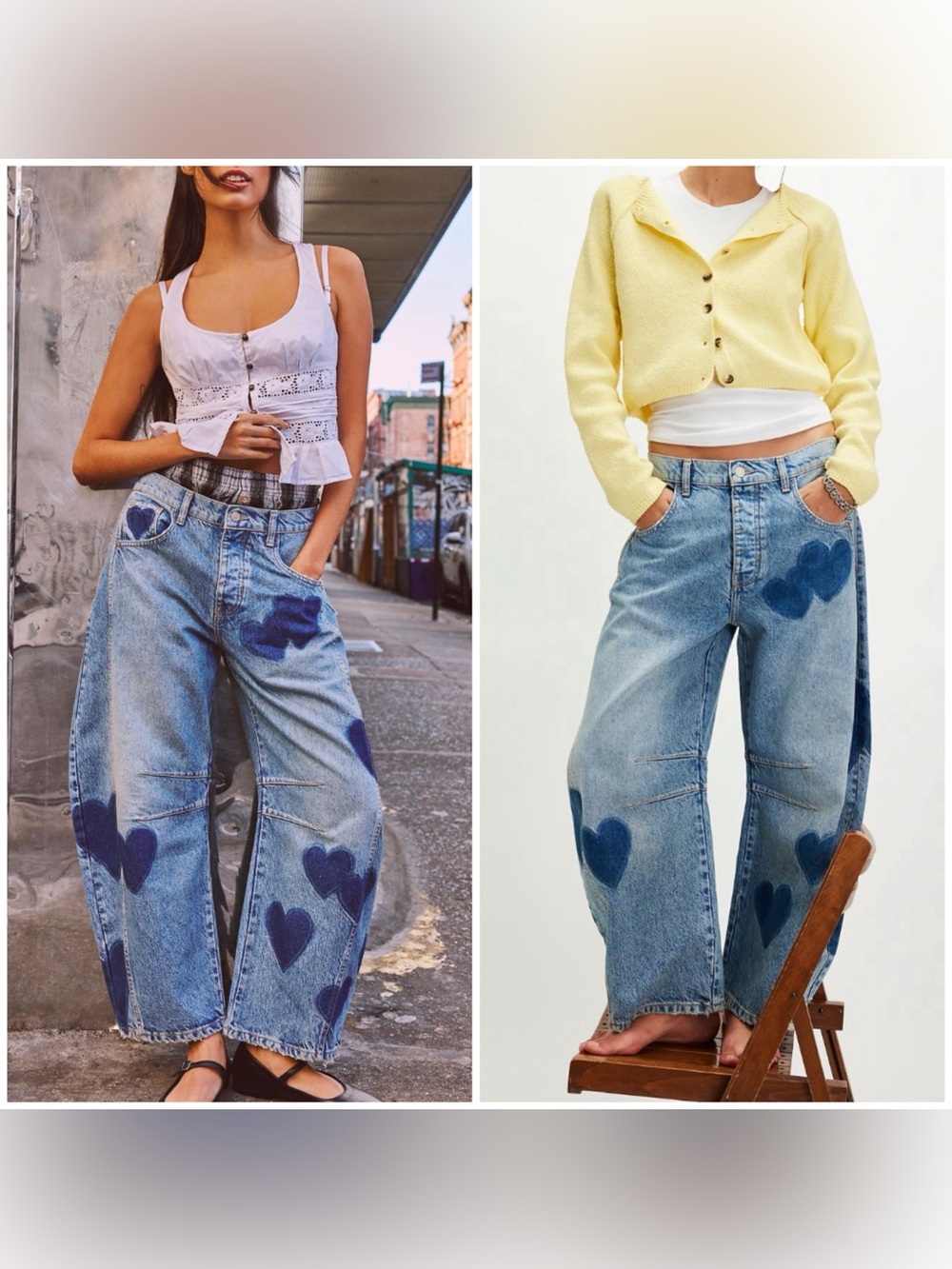 Free People Light Blue Wide Leg Jeans with Navy Heart Prints
